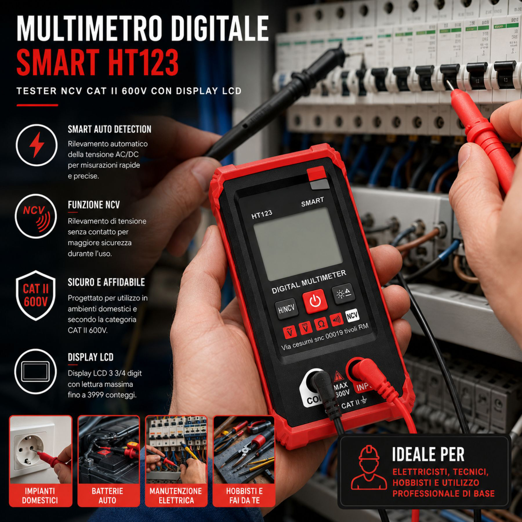 Multimetro Digitale Smart HT123, Tester NCV CAT II 600V con Display LCD - immagine 3