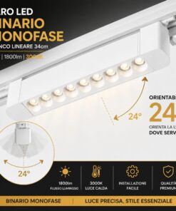 Faro Led Binario Monofase, Bianco Lineare 34cm 18W 1800lm 24° Orientabile, Disponibili 3000K 4000K (Bianco Caldo 3000K) - ASDSHOP
