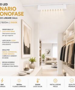 Faro Led Binario Monofase, Bianco Lineare 34cm 18W 1800lm 24° Orientabile, Disponibili 3000K 4000K (Bianco Caldo 3000K) - ASDSHOP