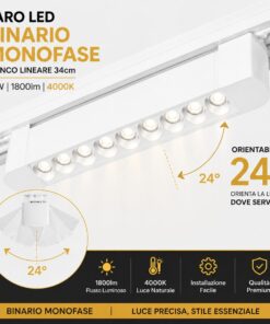 Faro Led Binario Monofase, Bianco Lineare 34cm 18W 1800lm 24° Orientabile, Disponibili 3000K 4000K (Bianco Neutro 4000K) - ASDSHOP