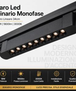 Alternative view of Faro Led Binario Monofase, Nero Lineare 34cm 18W 1800lm 24° Orientabile, Disponibili 3000K 4000K (Bianco Caldo 3000K)