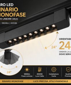Faro Led Binario Monofase, Nero Lineare 34cm 18W 1800lm 24° Orientabile, Disponibili 3000K 4000K (Bianco Caldo 3000K) - ASDSHOP