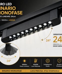 Faro Led Binario Monofase, Nero Lineare 34cm 18W 1800lm 24° Orientabile, Disponibili 3000K 4000K (Bianco Neutro 4000K) - ASDSHOP