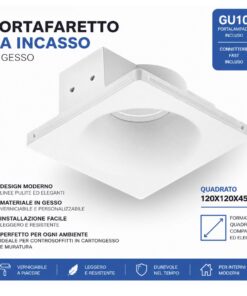 Portafaretto In Gesso Da Incasso, Quadrato 120X120X45mm, Bianco Verniciabile Portalampada GU10 e Connettore Fast Incluso - ASDSHOP