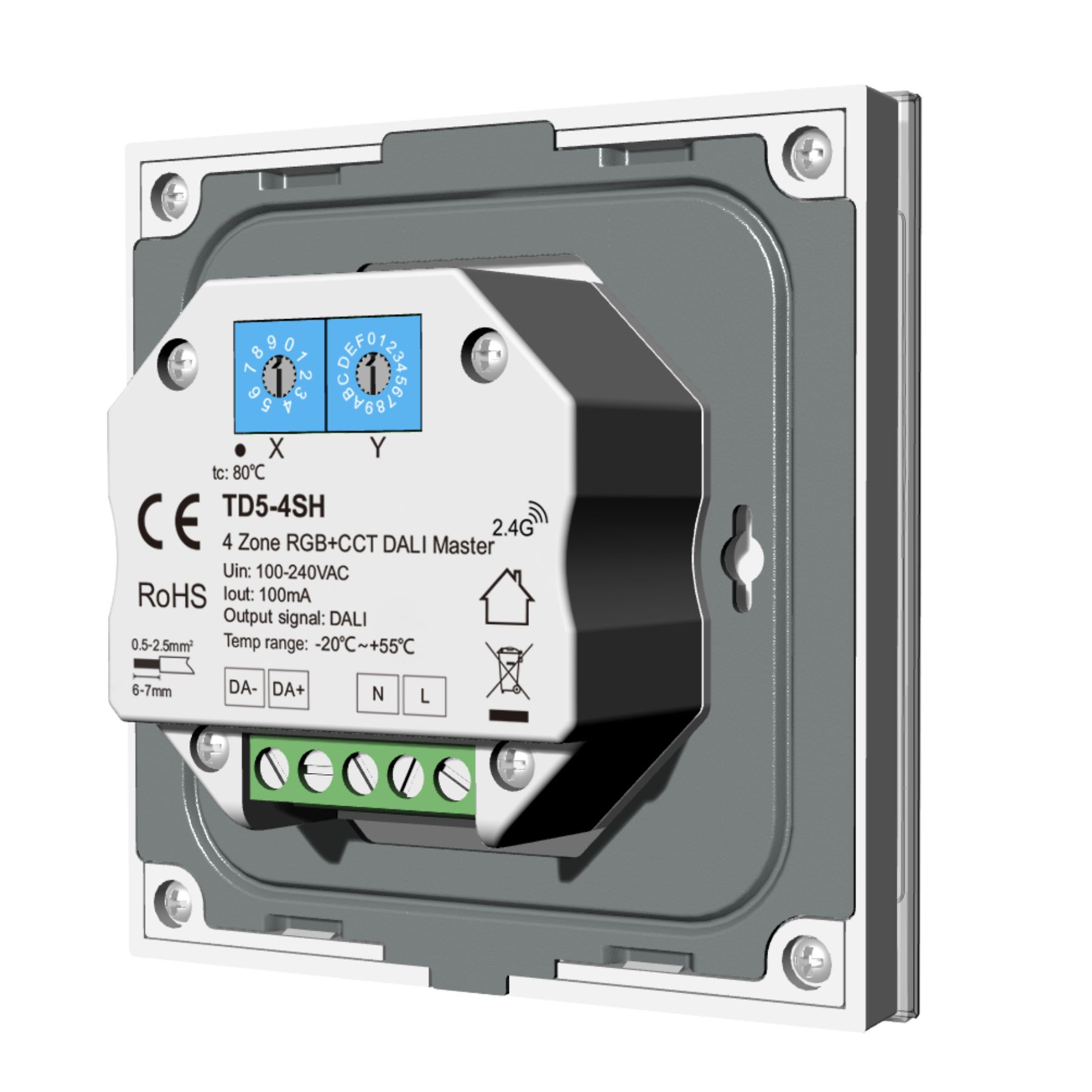 Pannello Touch Master DALI 5 Canali, Alimentatore Bus Integrato, 16VDC Max 100mA, 4 Zone 3 Scene 4 Indirizzi, Touch Slider, 5 In 1 Per DIM CCT RGB RGBW RGB+CCT, 86X86mm Per Scatola 502 - immagine 3