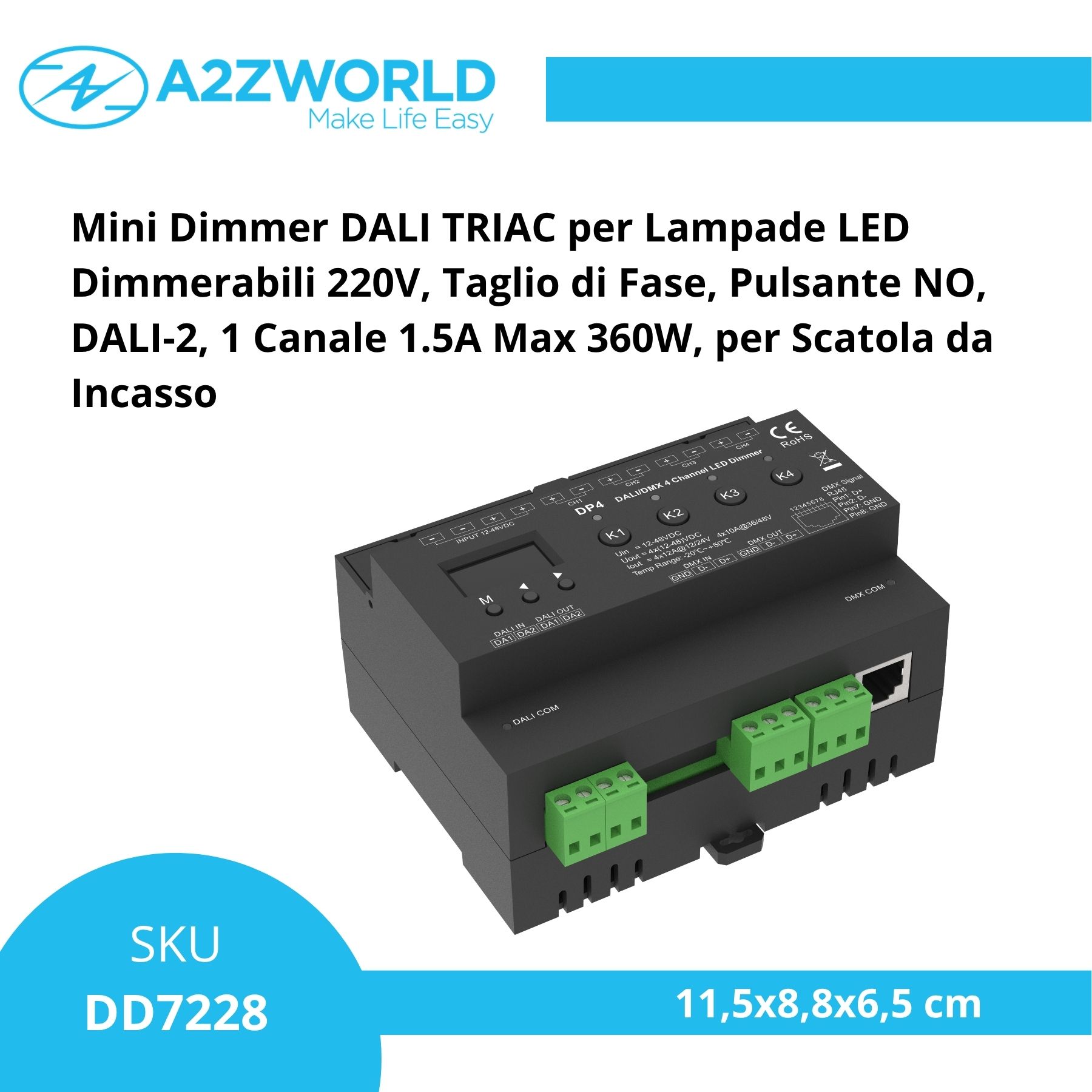 Dimmer DALI DMX Professionale, 4 Canali Guida DIN, OLED Display, 4X12A@12V/24V, 4X10A@36V/48V, DALI-2, DMX512, PWM, 4 Indirizzi, DT6 DT8 per Strisce LED Monocolore CCT RGB RGBW - immagine 2
