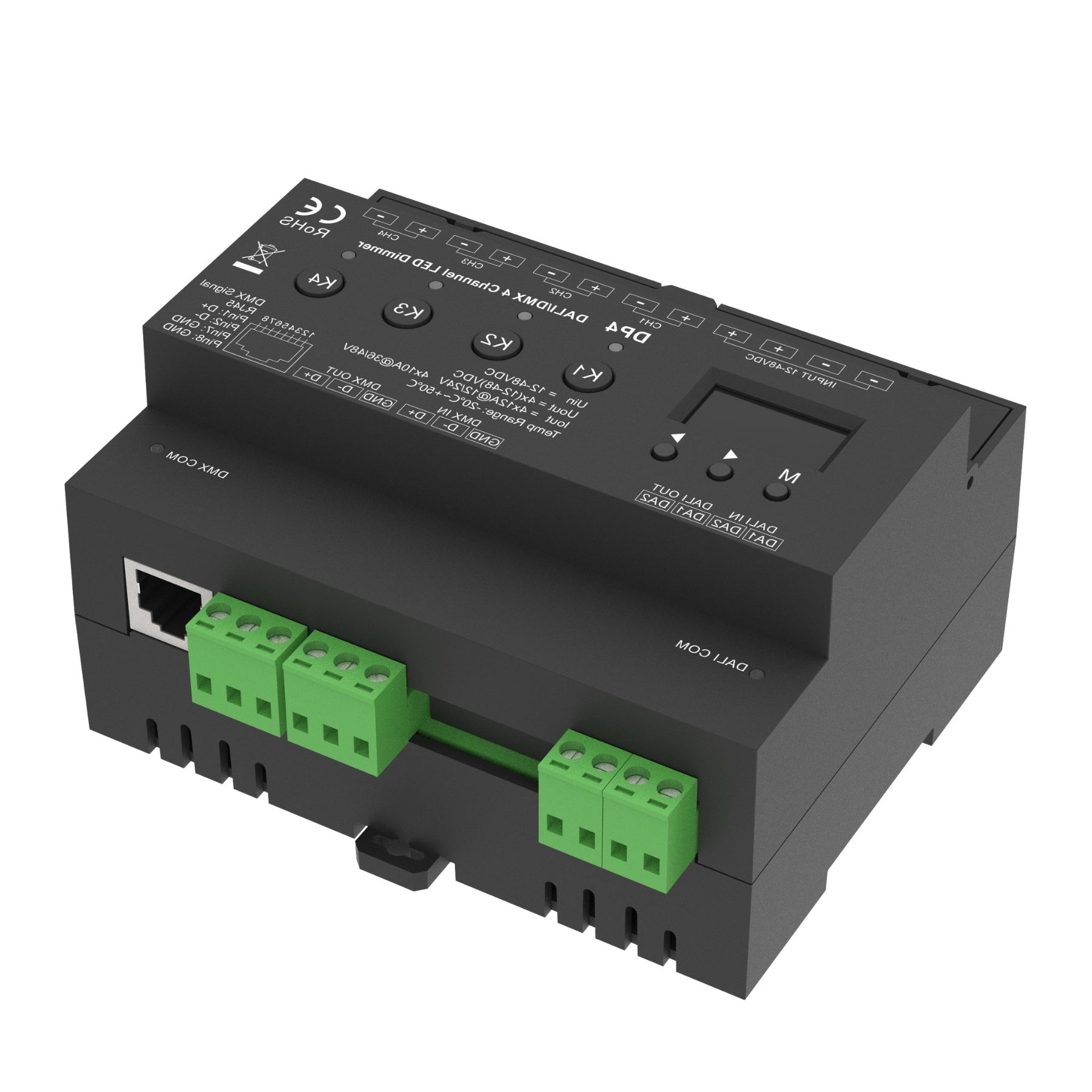 Dimmer DALI DMX Professionale, 4 Canali Guida DIN, OLED Display, 4X12A@12V/24V, 4X10A@36V/48V, DALI-2, DMX512, PWM, 4 Indirizzi, DT6 DT8 per Strisce LED Monocolore CCT RGB RGBW - immagine 3