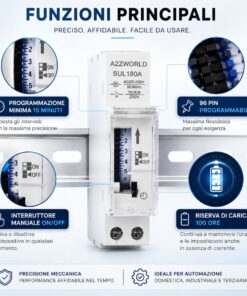 Orologio Interruttore Orario Giornaliero Meccanico su Guida DIN, Timer Switch 24 Ore, Riserva di Carica 100 Ore, 16A, 85-250V AC, 96 Pin, Programmazione Minima 15 Minuti - ASDSHOP