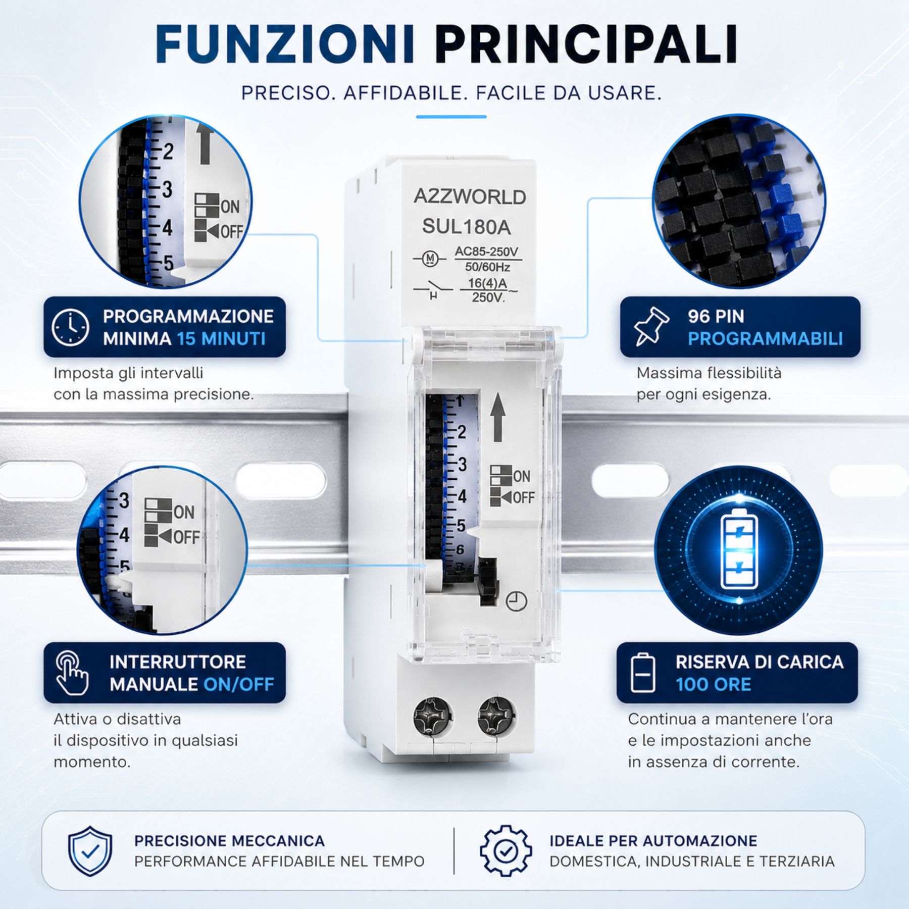 Orologio Interruttore Orario Giornaliero Meccanico su Guida DIN, Timer Switch 24 Ore, Riserva di Carica 100 Ore, 16A, 85-250V AC, 96 Pin, Programmazione Minima 15 Minuti - immagine 2