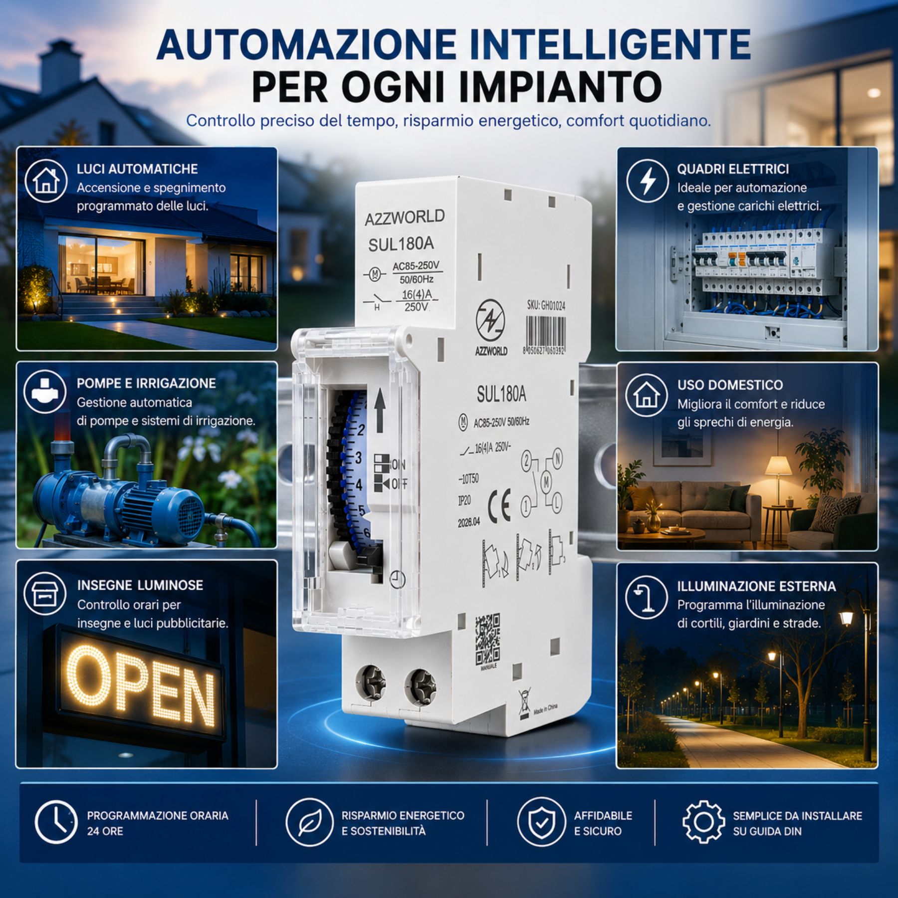 Orologio Interruttore Orario Giornaliero Meccanico su Guida DIN, Timer Switch 24 Ore, Riserva di Carica 100 Ore, 16A, 85-250V AC, 96 Pin, Programmazione Minima 15 Minuti - immagine 3