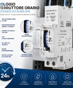 Orologio Interruttore Orario Giornaliero Meccanico su Guida DIN, Timer Switch 24 Ore, Riserva di Carica 100 Ore, 16A, 85-250V AC, 96 Pin, Programmazione Minima 15 Minuti - ASDSHOP