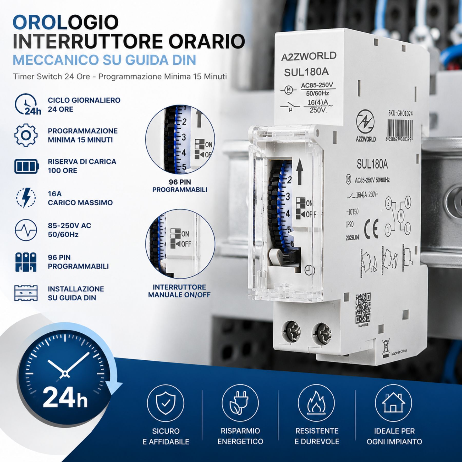 Orologio Interruttore Orario Giornaliero Meccanico su Guida DIN, Timer Switch 24 Ore, Riserva di Carica 100 Ore, 16A, 85-250V AC, 96 Pin, Programmazione Minima 15 Minuti - immagine 6