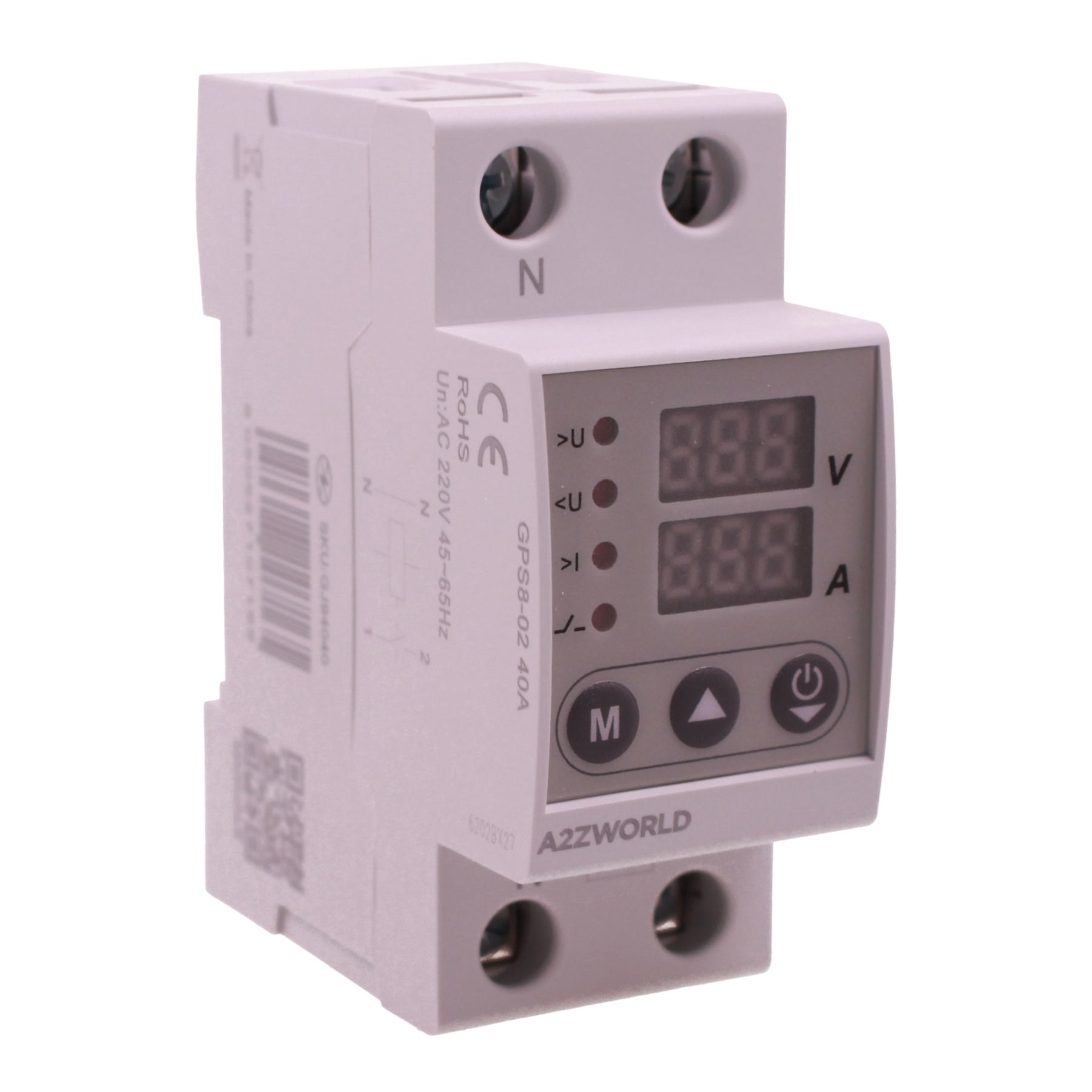 Relè Monitoraggio e Protezione Tensione Corrente con Display, 2P Monofase 40A AC220V, Protezione Sovra/Sottotensione e Sovracorrente, Guida DIN, Ingresso da Sotto, GPS8-02