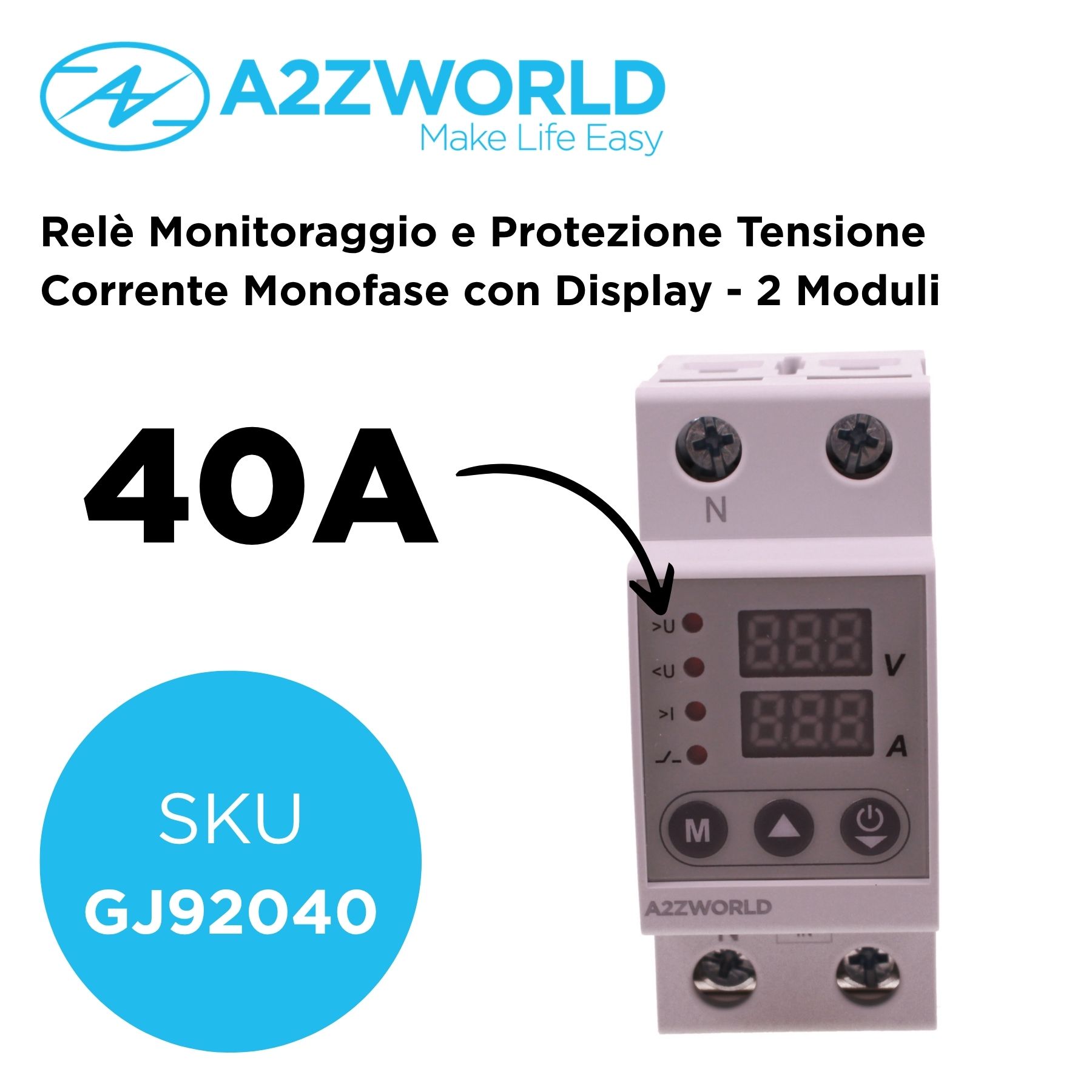 Relè Monitoraggio e Protezione Tensione Corrente con Display, 2P Monofase 40A AC220V, Protezione Sovra/Sottotensione e Sovracorrente, Guida DIN, Ingresso da Sotto, GPS8-02 - immagine 2
