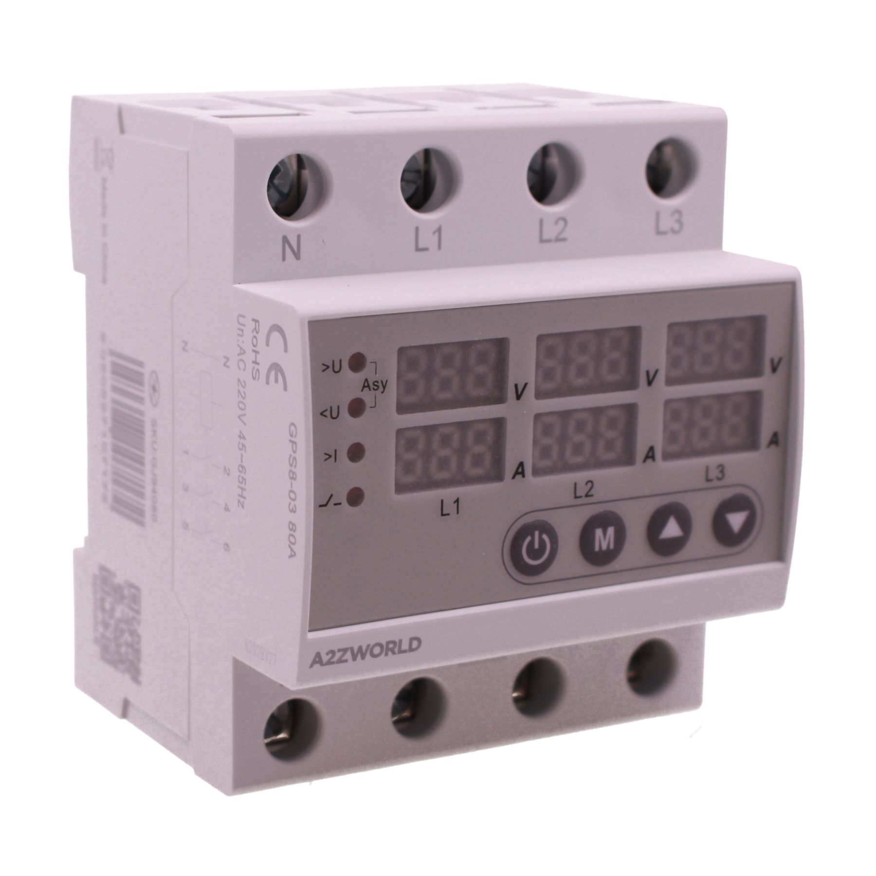 Relè Monitoraggio e Protezione Tensione Corrente con Display, 4P Trifase 80A AC220V, Protezione Sovra/Sottotensione e Sovracorrente, Guida DIN, Ingresso da Sotto, GPS8-03