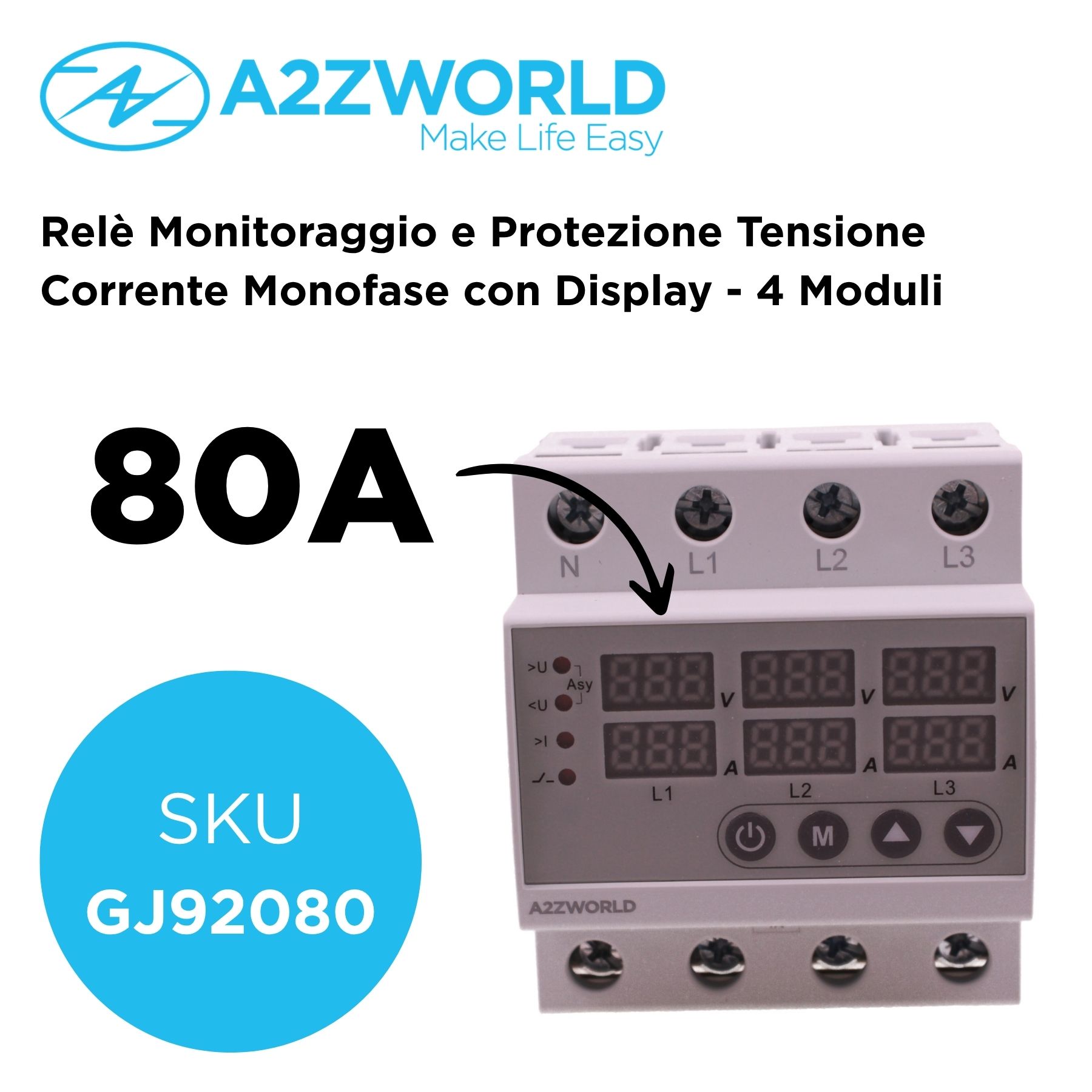 Relè Monitoraggio e Protezione Tensione Corrente con Display, 4P Trifase 80A AC220V, Protezione Sovra/Sottotensione e Sovracorrente, Guida DIN, Ingresso da Sotto, GPS8-03 - immagine 2