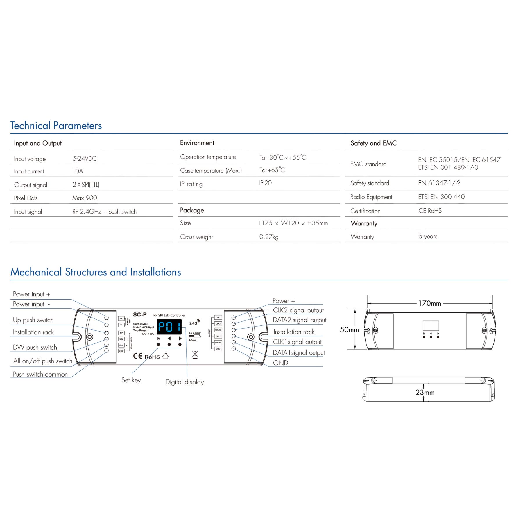 Controller SPI per Strisce LED Running Scale, RF 2.4GHz, 3 Push Pulsanti, 5-24V DC - immagine 3