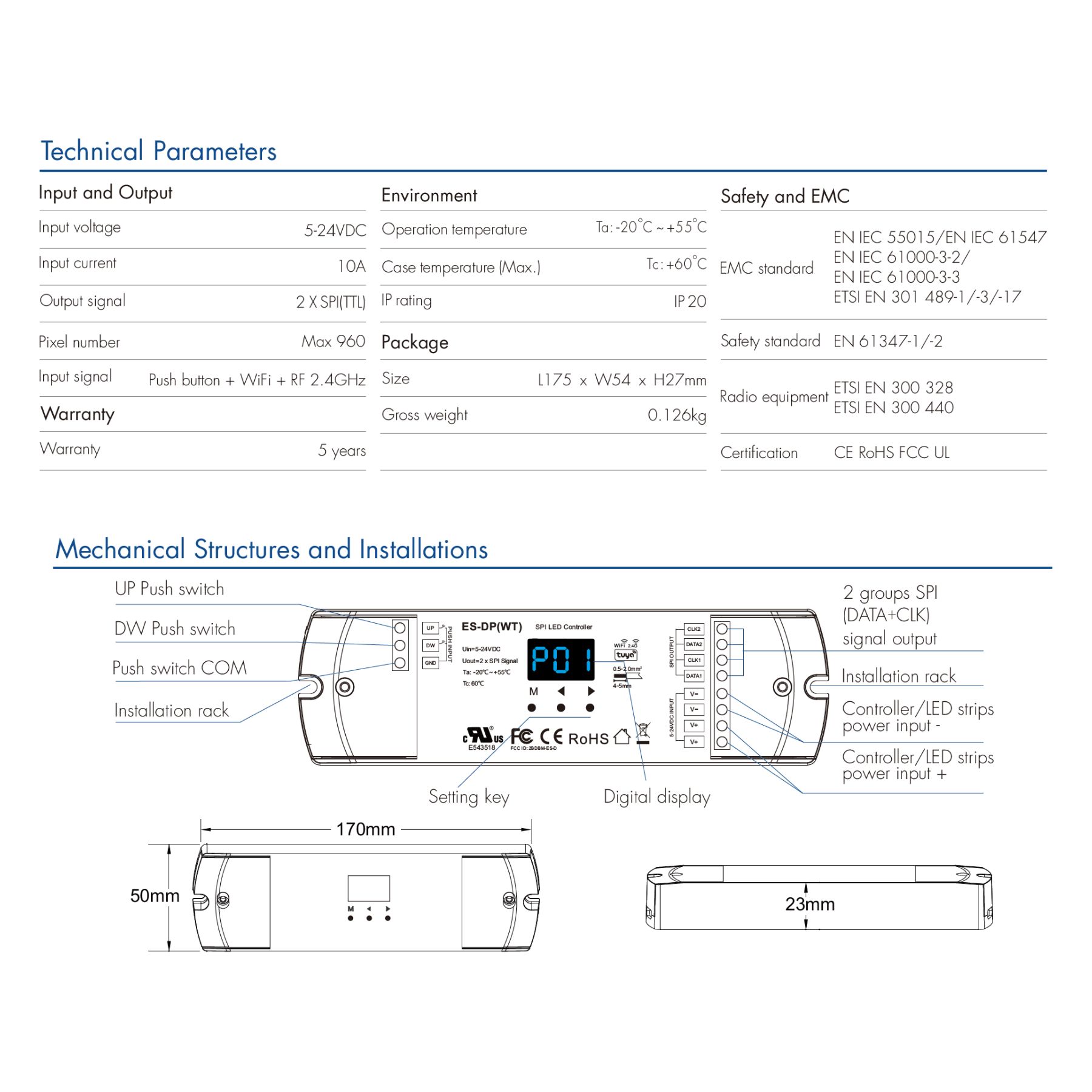 Controller Dimmer SPI Con Push Pulsante, Tuya WIFI, RF 2.4G, 5-24V 10A, 960 Pixel, Per Striscia Led Running - immagine 3