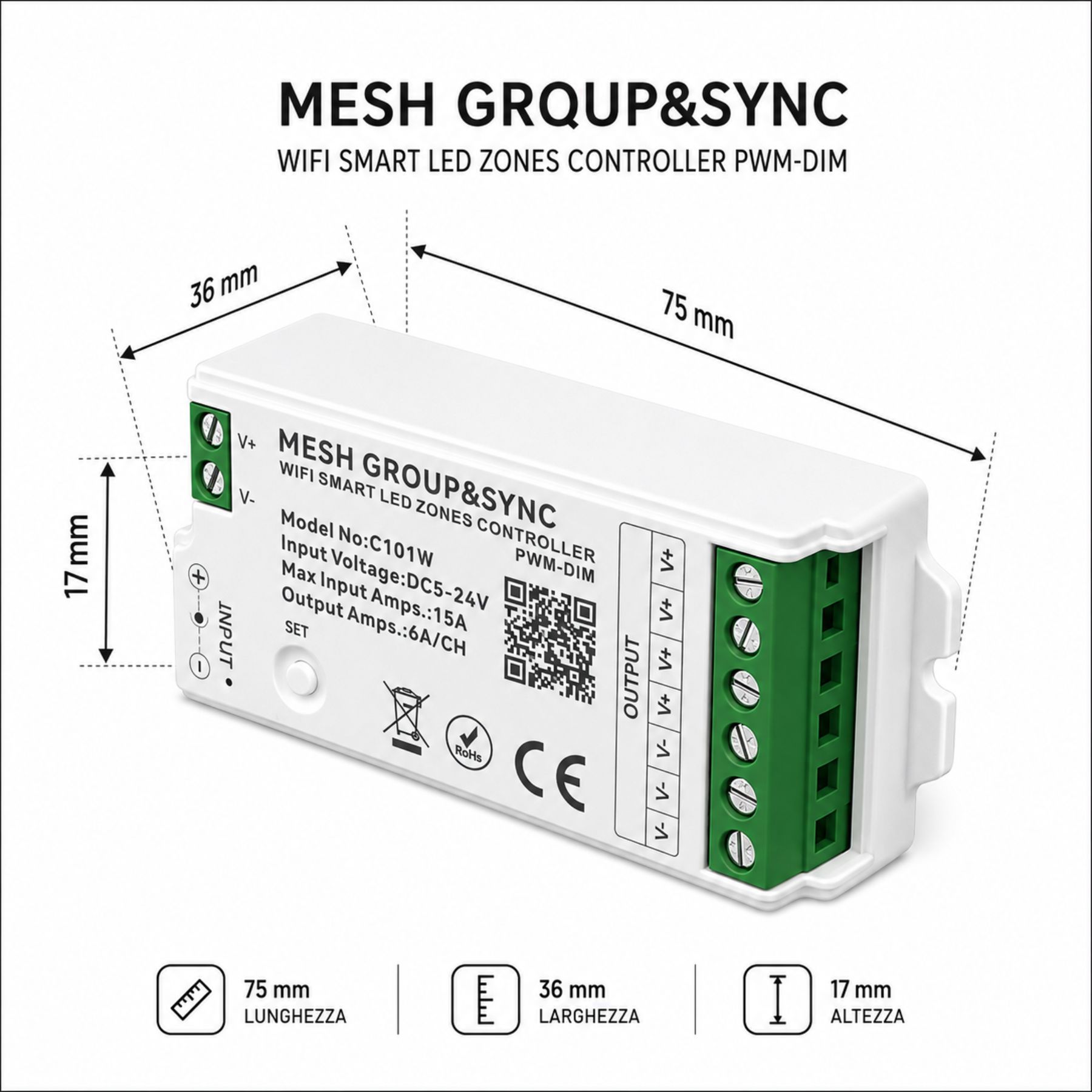 Centralina Controller Per Striscia Led Dimmer Mono Colore WIFI 2.4G, RF 2.4G TUYA, Smart Life Max 15A Tot. (6A/CH) DC5-24V 360W 1 Canale Dimmer CLC101R Bianco - immagine 4