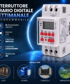 Interruttore Orario Digitale Settimanale Programmabile, Orologio Timer Modulare 2M, 16 ON/OFF, Display LCD, Funzione Impulso e Countdown, Programmatore Luci Pompa Cancello - ASDSHOP