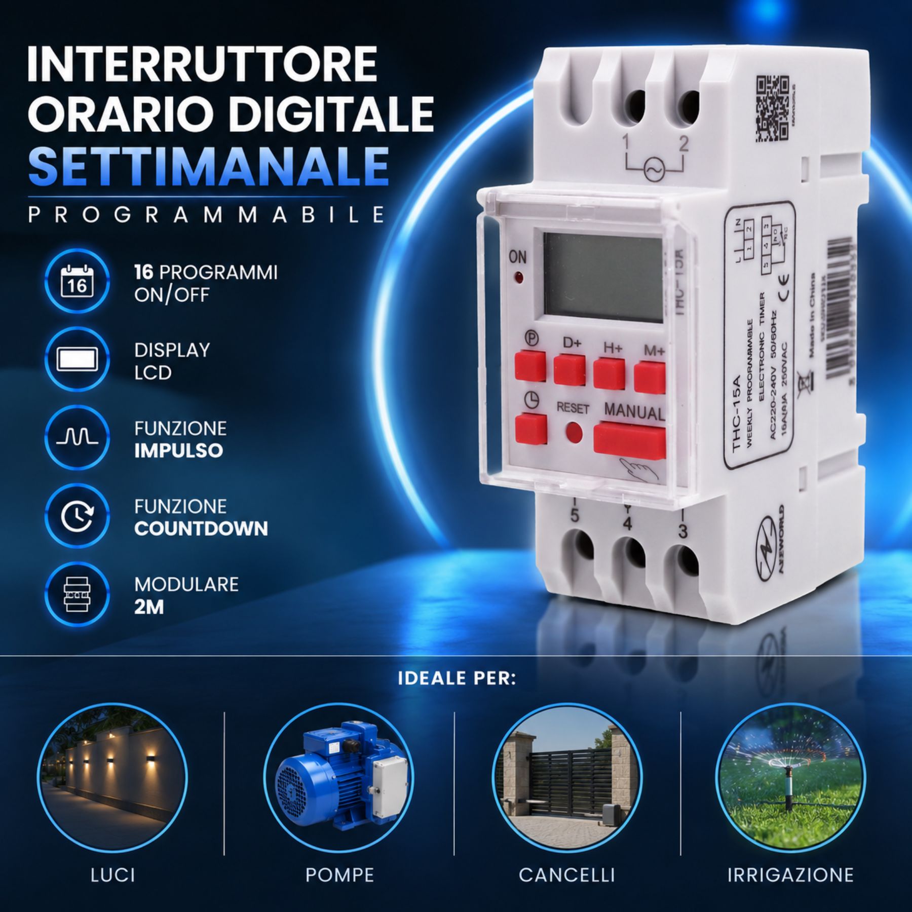 Interruttore Orario Digitale Settimanale Programmabile, Orologio Timer Modulare 2M, 16 ON/OFF, Display LCD, Funzione Impulso e Countdown, Programmatore Luci Pompa Cancello - immagine 2