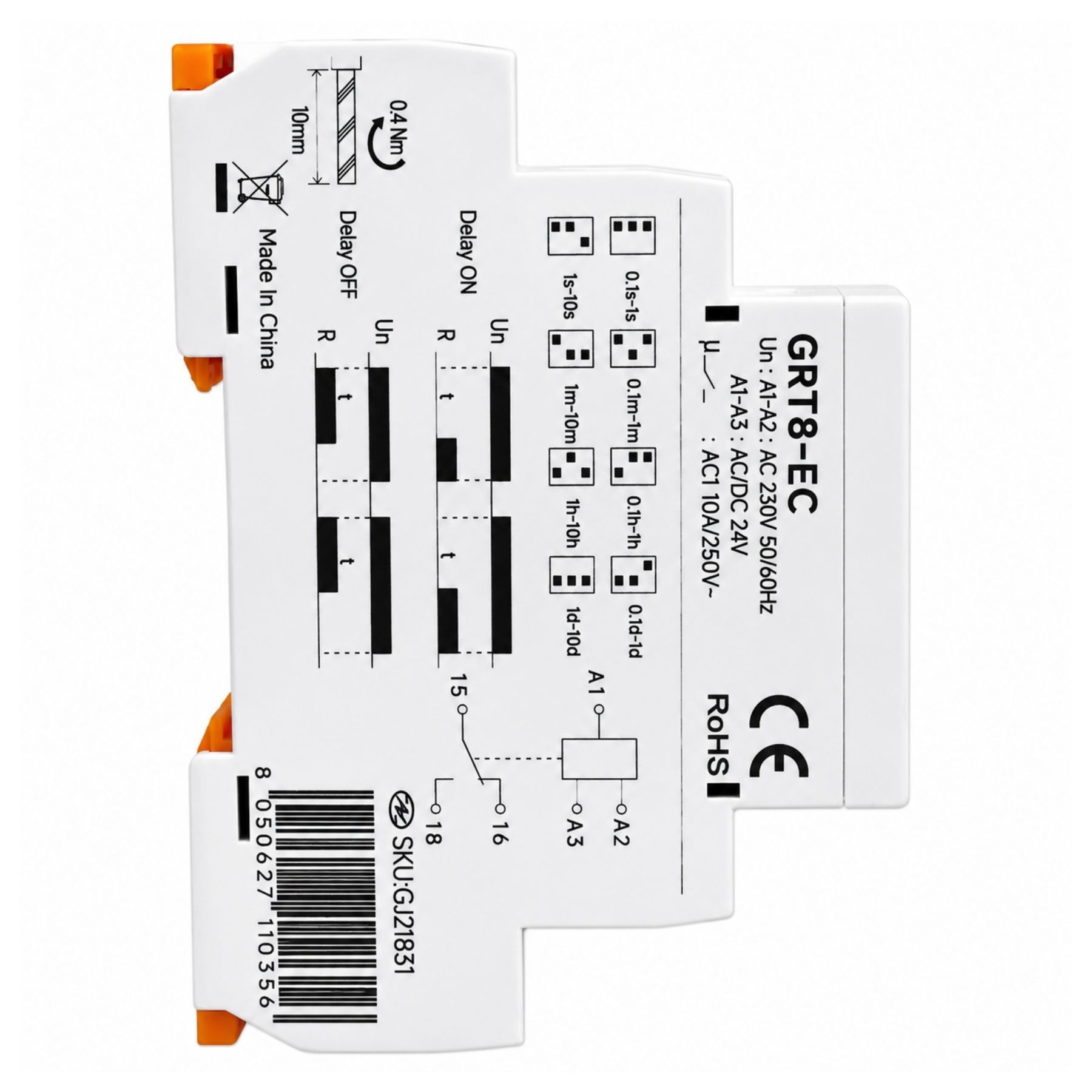 Relè Temporizzato Modulare, AC230V e DC/AC 24V 10A, Timer Delay ON o Delay OFF, Ritardo Accensione o Spegnimento, 1 Modulo Barra DIN, Tempo regolabile da 0,1s a 10 giorni - immagine 5