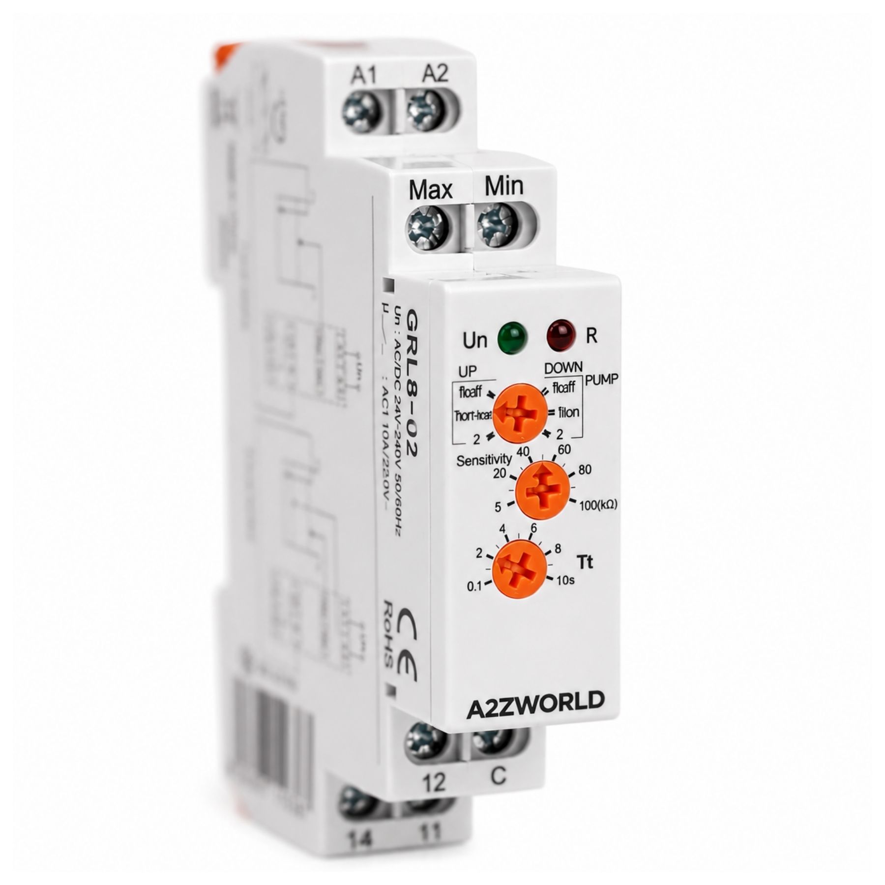 Relè Controllo Livello Liquidi Avanzato, AC/DC 24-240V 10A, Controllo 1 o 2 Livelli, Pump Up/Down, Ritardo 0,1-10S, Regolatore Livello Acqua, Per Pompe e Serbatoi, 1 Modulo Guida Din