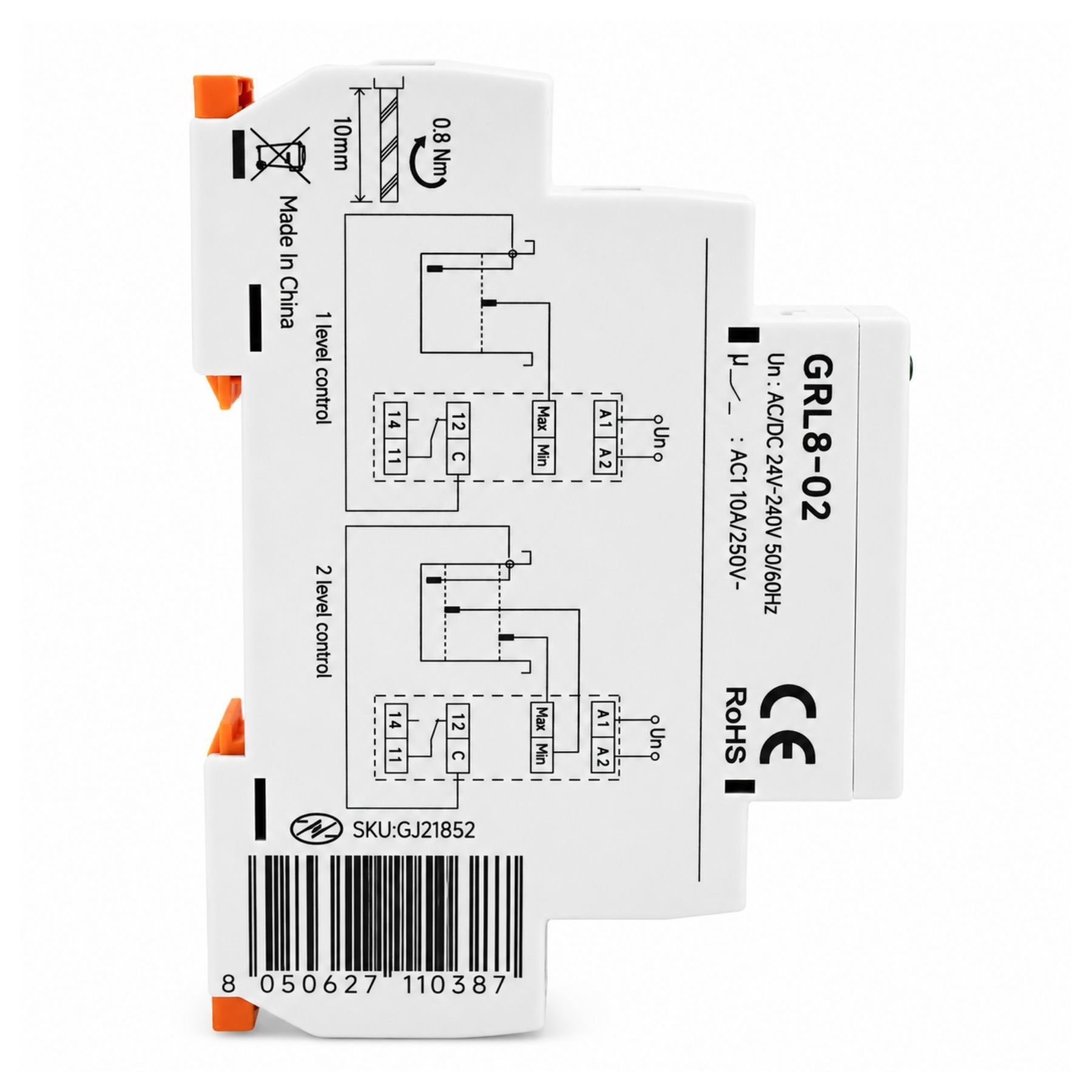 Relè Controllo Livello Liquidi Avanzato, AC/DC 24-240V 10A, Controllo 1 o 2 Livelli, Pump Up/Down, Ritardo 0,1-10S, Regolatore Livello Acqua, Per Pompe e Serbatoi, 1 Modulo Guida Din - immagine 5