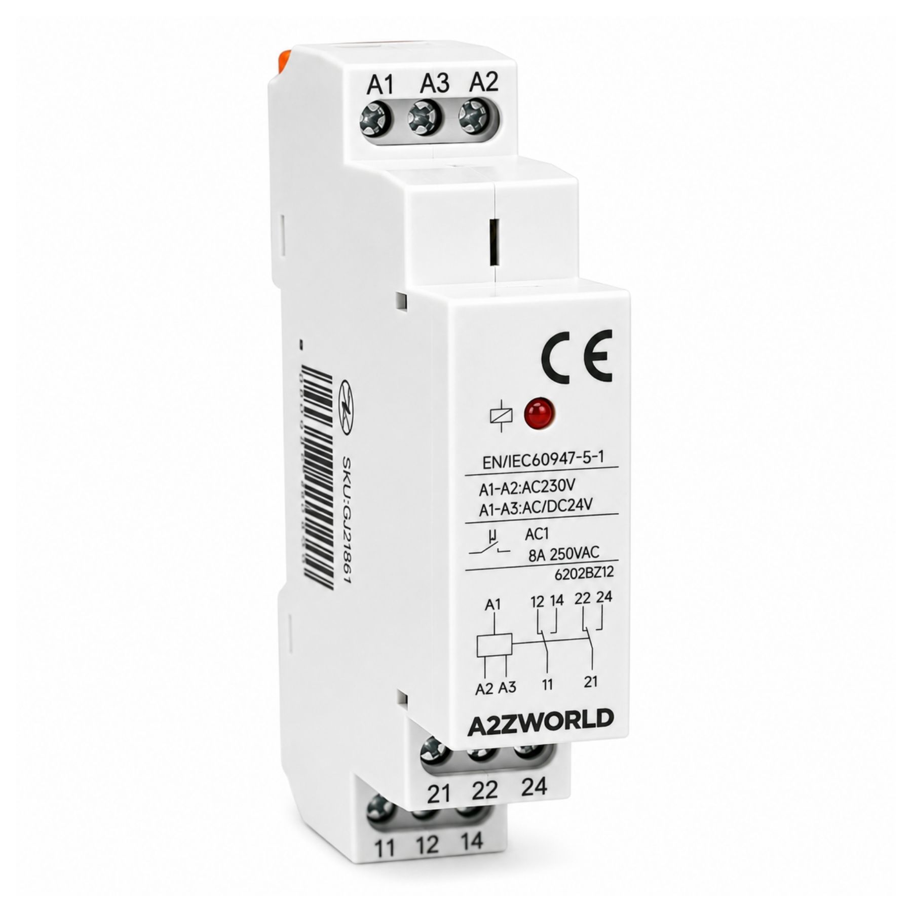 Relè Intermedio Modulare AC230V AC/DC24V, per Guida DIN, Indicatore LED, 1 Modulo, Contatti SPDT, per Automazione Quadri Elettrici (2X8A)