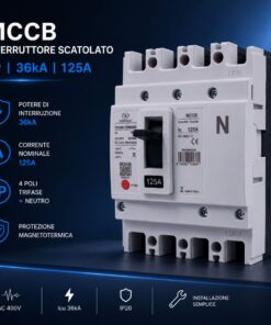 Interruttore Scatolato MCCB 4P 100A/125A 36kA, Magnetotermico Trifase AC 400V (125A) - ASDSHOP