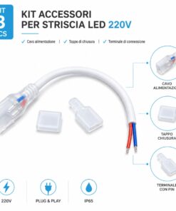Alternative view of Kit Accessori per Striscia LED 220V SL22011, Cavo Alimentazione+Tappo Chiusura+Terminale Con Pin
