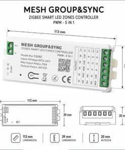 Centralina Controller 5 In 1 ZigBee, RF 2.4G TUYA, Smart Life, Max 15A Tot. (6A/CH) DC5-24V 360W, Per Striscia Led Mono Colore, CCT, RGB, RGBW, RGBCCT - immagine 4