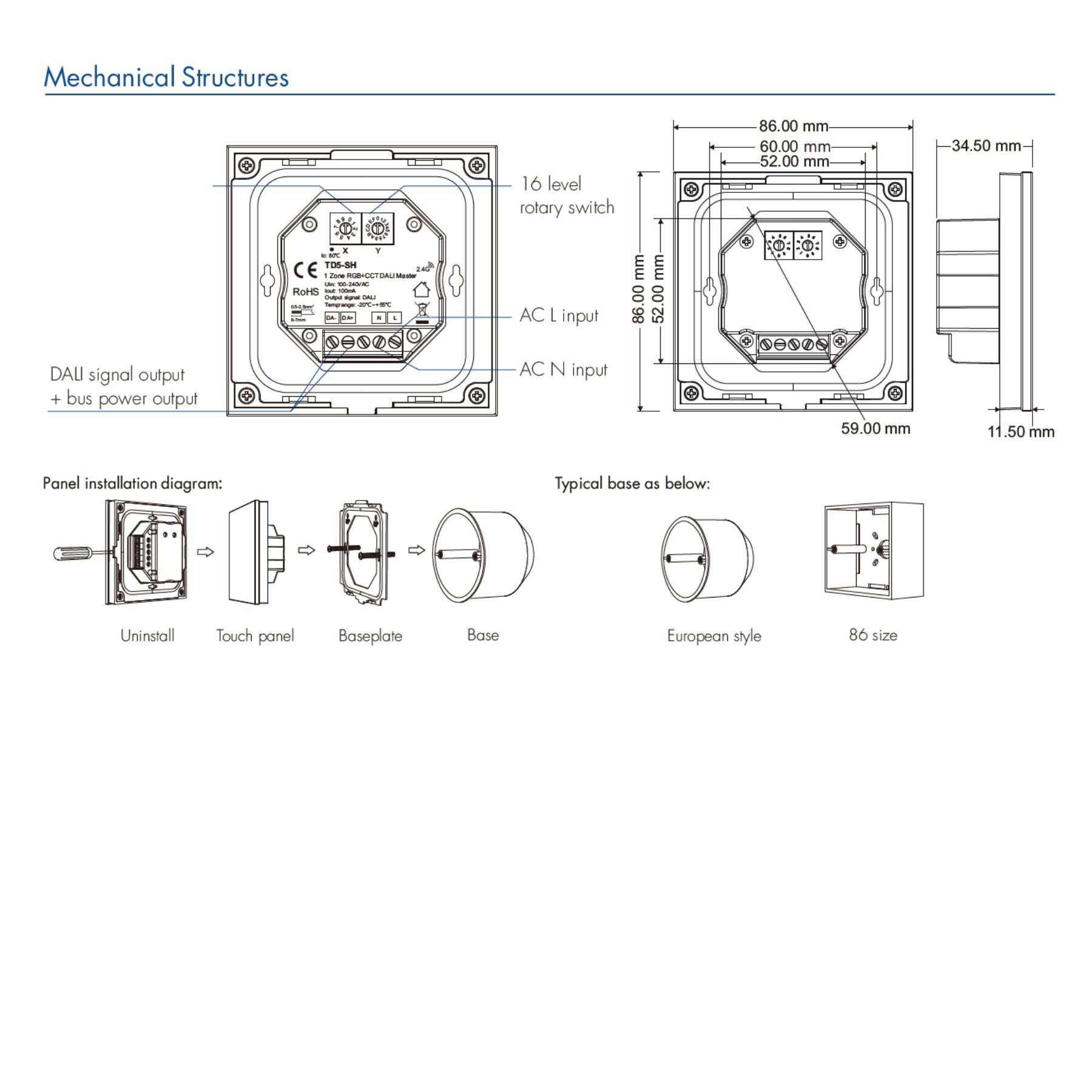 Pannello Touch DALI Bianco, Alimentatore Bus Integrato, 16VDC Max 100mA, 1 Zona 4 Scene, Touch Slider, Per Dimmer DT6, 86X86mm Per Scatola 502 - immagine 4