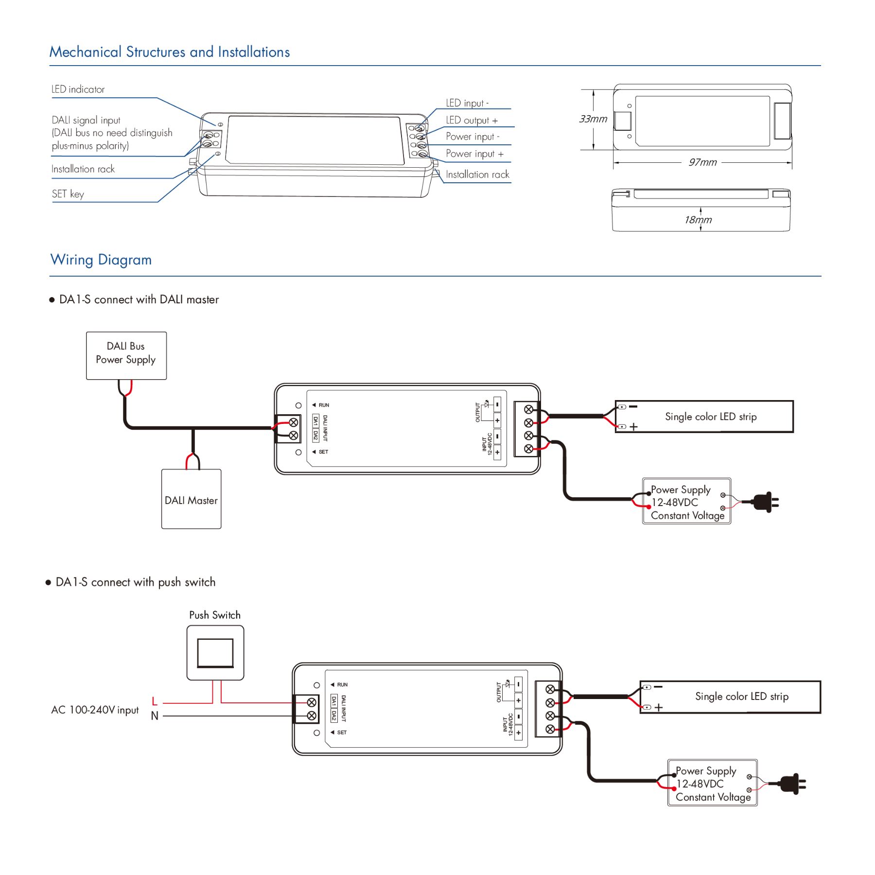 Dimmer DALI Pulsante 12V 24V 36V 48V 8A, 1 Canale Tensione Costante, Push Dim, DALI-2, PWM 2KHz 8KHz 16KHz, per Strisce LED Monocolore - immagine 4