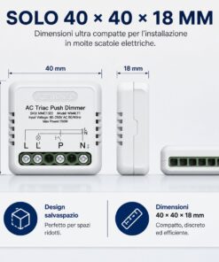 Push AC Triac Dimmer, per Lampada Led Dimmerabile Taglio di Fase, AC 220V 1A Max 150W, Regolabile 10-100%, Sincronizzabile con più Dimmer - ASDSHOP