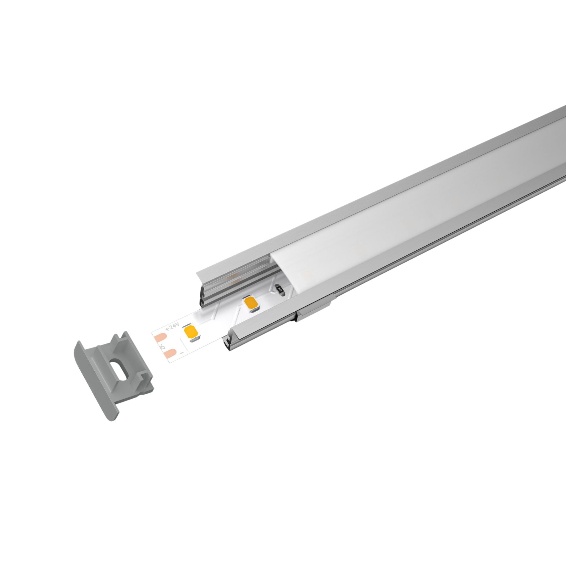 Kit Profilo Alluminio Completo Da 2 Metri Per Striscia Led, Super Larga e Alta, Dimensione 30X20mm, Larghezza Interna 25mm, 250g/m, Copertura Opale, Tappi Chiusura e Clip Fissaggio Incluso