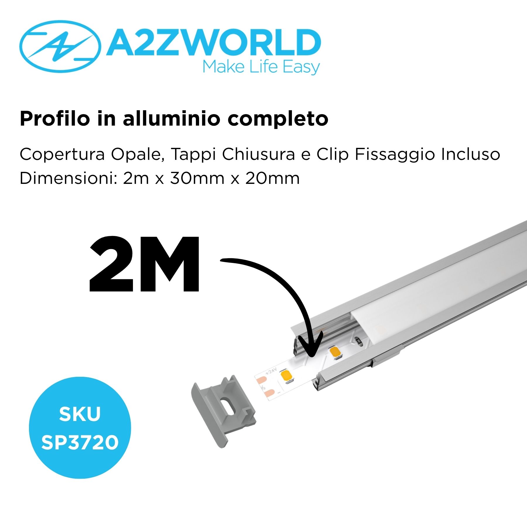 Kit Profilo Alluminio Completo Da 2 Metri Per Striscia Led, Super Larga e Alta, Dimensione 30X20mm, Larghezza Interna 25mm, 250g/m, Copertura Opale, Tappi Chiusura e Clip Fissaggio Incluso - immagine 2