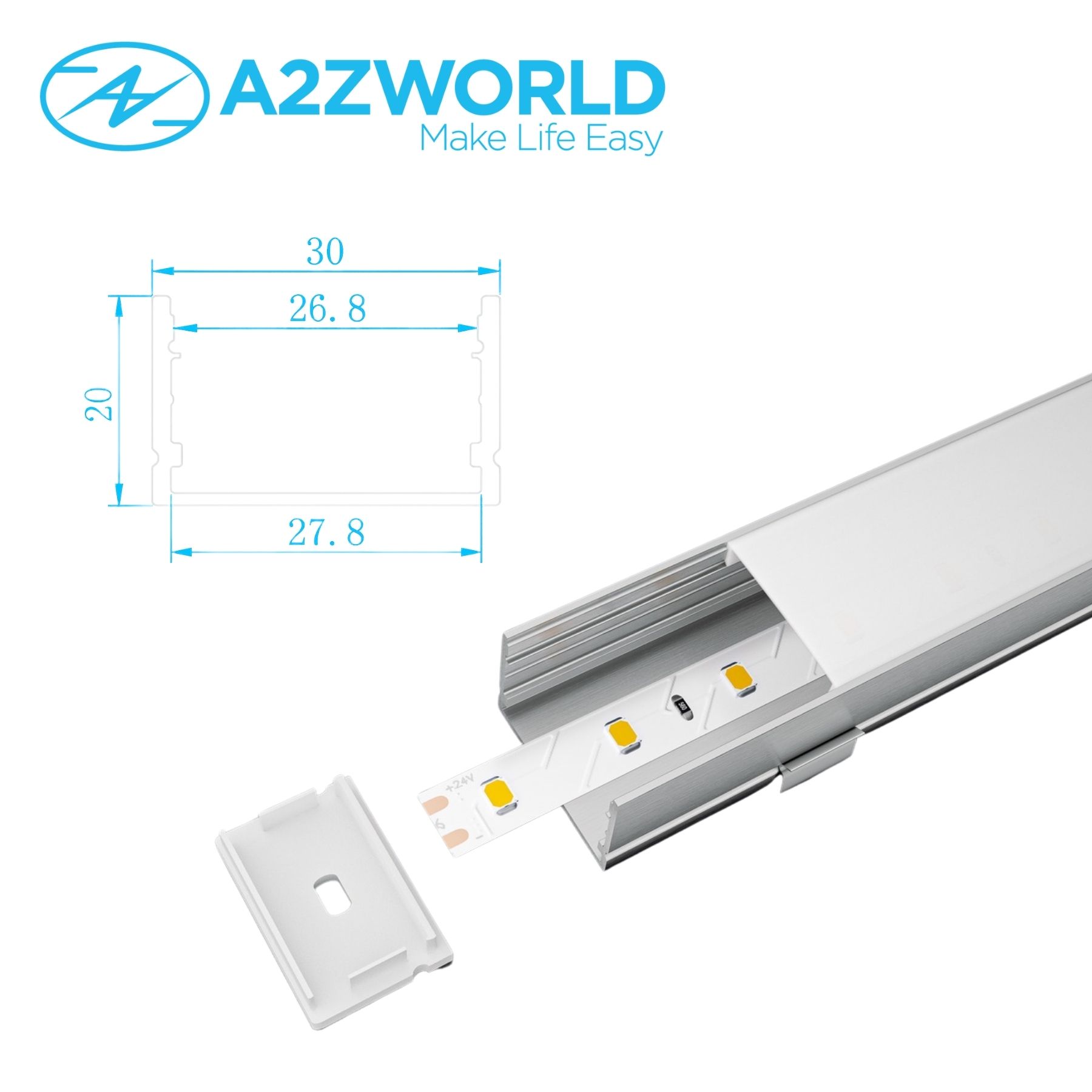 Kit Profilo Alluminio Completo Da 2 Metri Per Striscia Led, Super Larga e Alta, Dimensione 30X20mm, Larghezza Interna 25mm, 250g/m, Copertura Opale, Tappi Chiusura e Clip Fissaggio Incluso - immagine 3