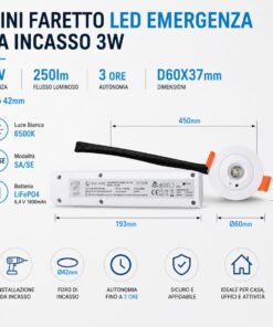 Alternative view of Mini Faretto Led Emergenza da Incasso 3W 250lm 3 Ore D60X37mm Foro 42mm, Bianco 6500K, Modalità SA/SE, Batteria LiFePO4 6,4 V 1800mAh