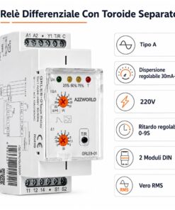 Relè Differenziale Con Toroide Separato, Tipo A Dispersione Regolabile 30mA-30A 220V, Ritardo Regolabile 0-9S, 2 Moduli DIN, Vero RMS - immagine 2