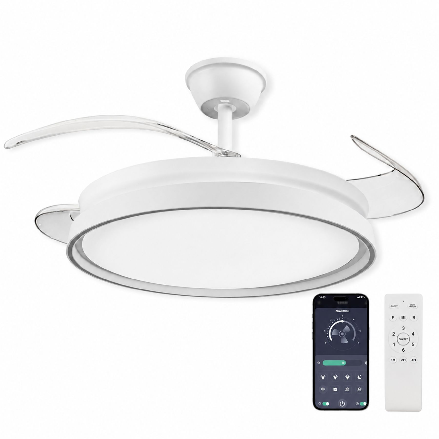 Plafoniera LED con Ventilatore Integrato, 70W 6600lm CCT, Pale Pieghevoli, Motore DC 30W, Telecomando e App Bluetooth 2.4G, 6 Velocità, 3 Colori Luce