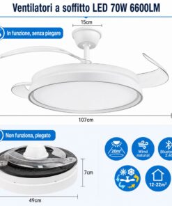 Alternative view of Plafoniera LED con Ventilatore Integrato, 70W 6600lm CCT, Pale Pieghevoli, Motore DC 30W, Telecomando e App Bluetooth 2.4G, 6 Velocità, 3 Colori Luce