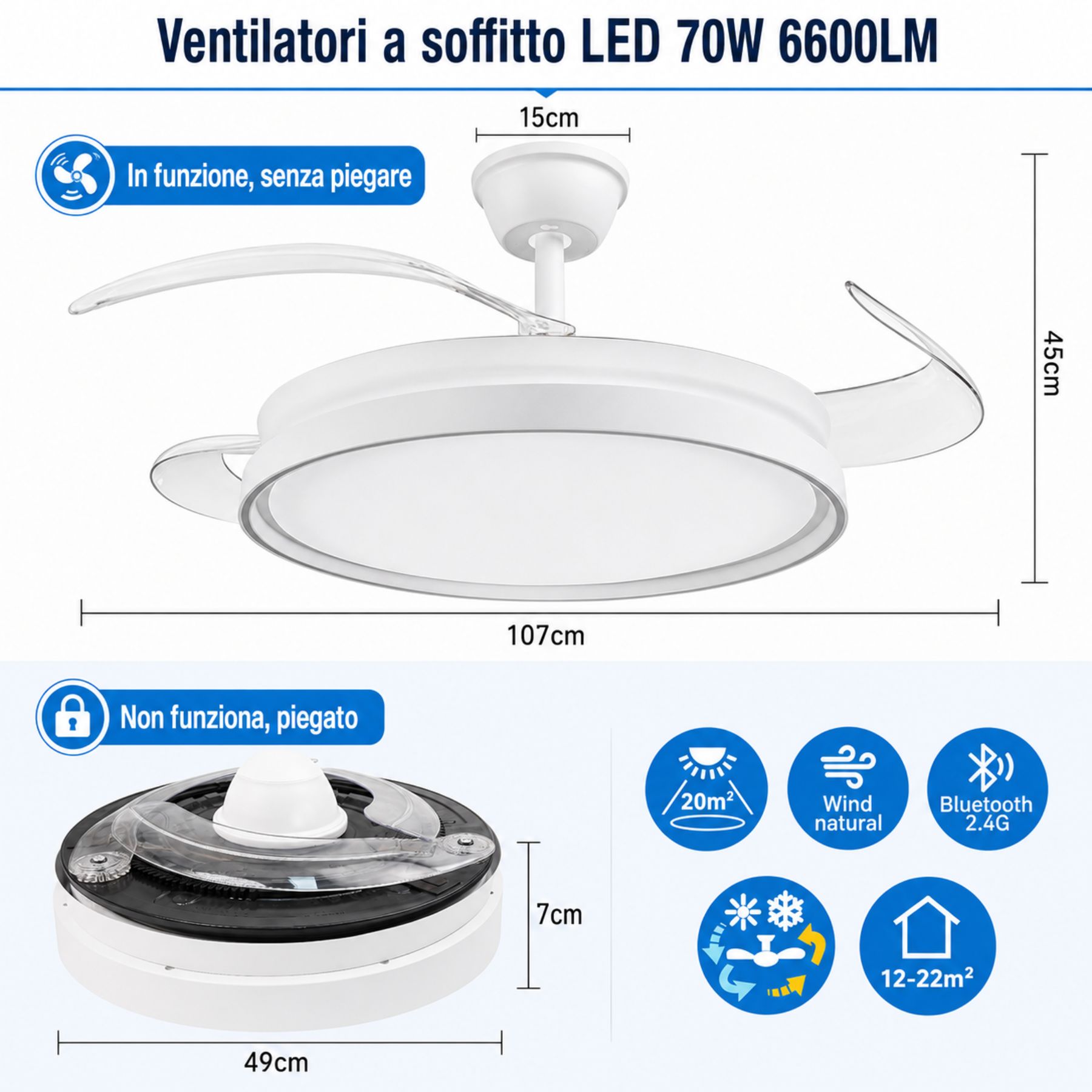 Plafoniera LED con Ventilatore Integrato, 70W 6600lm CCT, Pale Pieghevoli, Motore DC 30W, Telecomando e App Bluetooth 2.4G, 6 Velocità, 3 Colori Luce - immagine 2