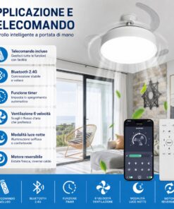 Plafoniera LED con Ventilatore Integrato, 70W 6600lm CCT, Pale Pieghevoli, Motore DC 30W, Telecomando e App Bluetooth 2.4G, 6 Velocità, 3 Colori Luce - immagine 4