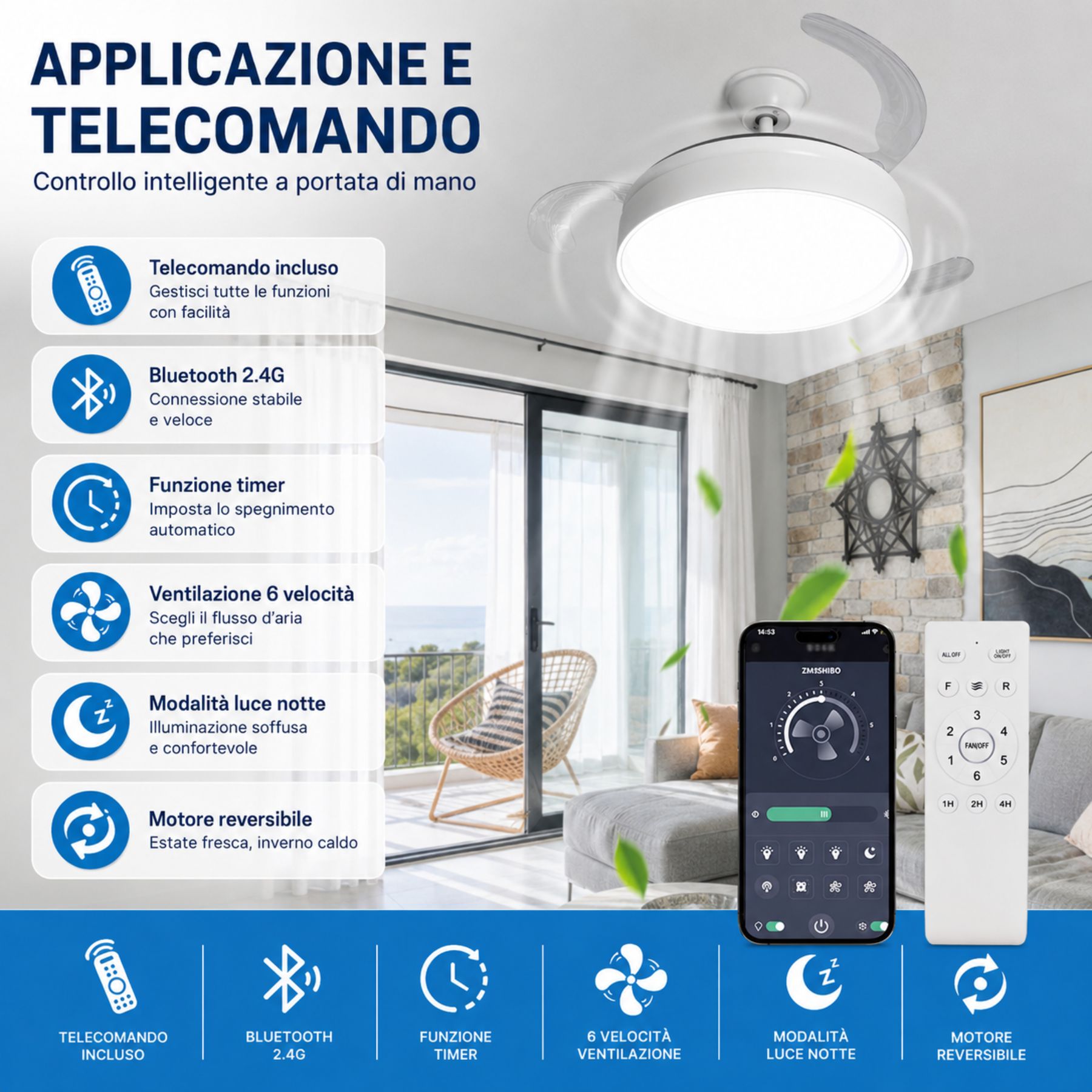 Plafoniera LED con Ventilatore Integrato, 70W 6600lm CCT, Pale Pieghevoli, Motore DC 30W, Telecomando e App Bluetooth 2.4G, 6 Velocità, 3 Colori Luce - immagine 4