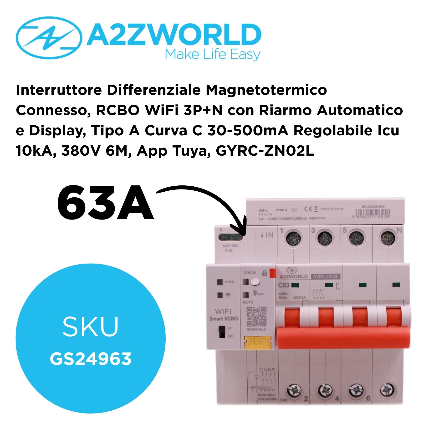 Interruttore Differenziale Magnetotermico Connesso, RCBO WiFi 3P+N con Riarmo Automatico e Display, Tipo A Curva C 30-500mA Regolabile Icu 10kA, 380V 6M, App Tuya con Misure: Corrente Residua, Intensità, Potenza, Tensione, Temperatura, Consumo GYRC-ZN02L (63A) - immagine 2