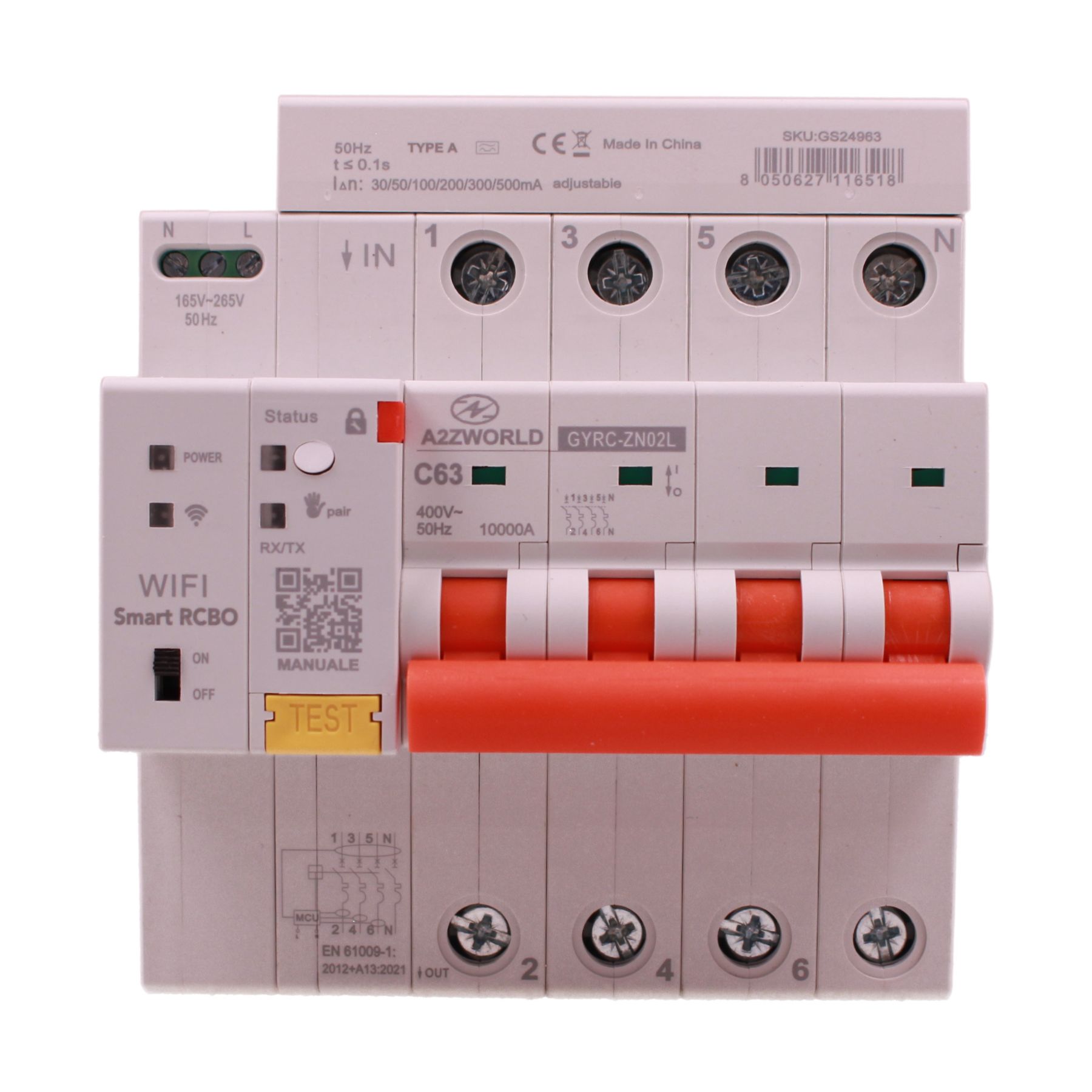 Interruttore Differenziale Magnetotermico Connesso, RCBO WiFi 3P+N con Riarmo Automatico e Display, Tipo A Curva C 30-500mA Regolabile Icu 10kA, 380V 6M, App Tuya con Misure: Corrente Residua, Intensità, Potenza, Tensione, Temperatura, Consumo GYRC-ZN02L (63A) - immagine 3