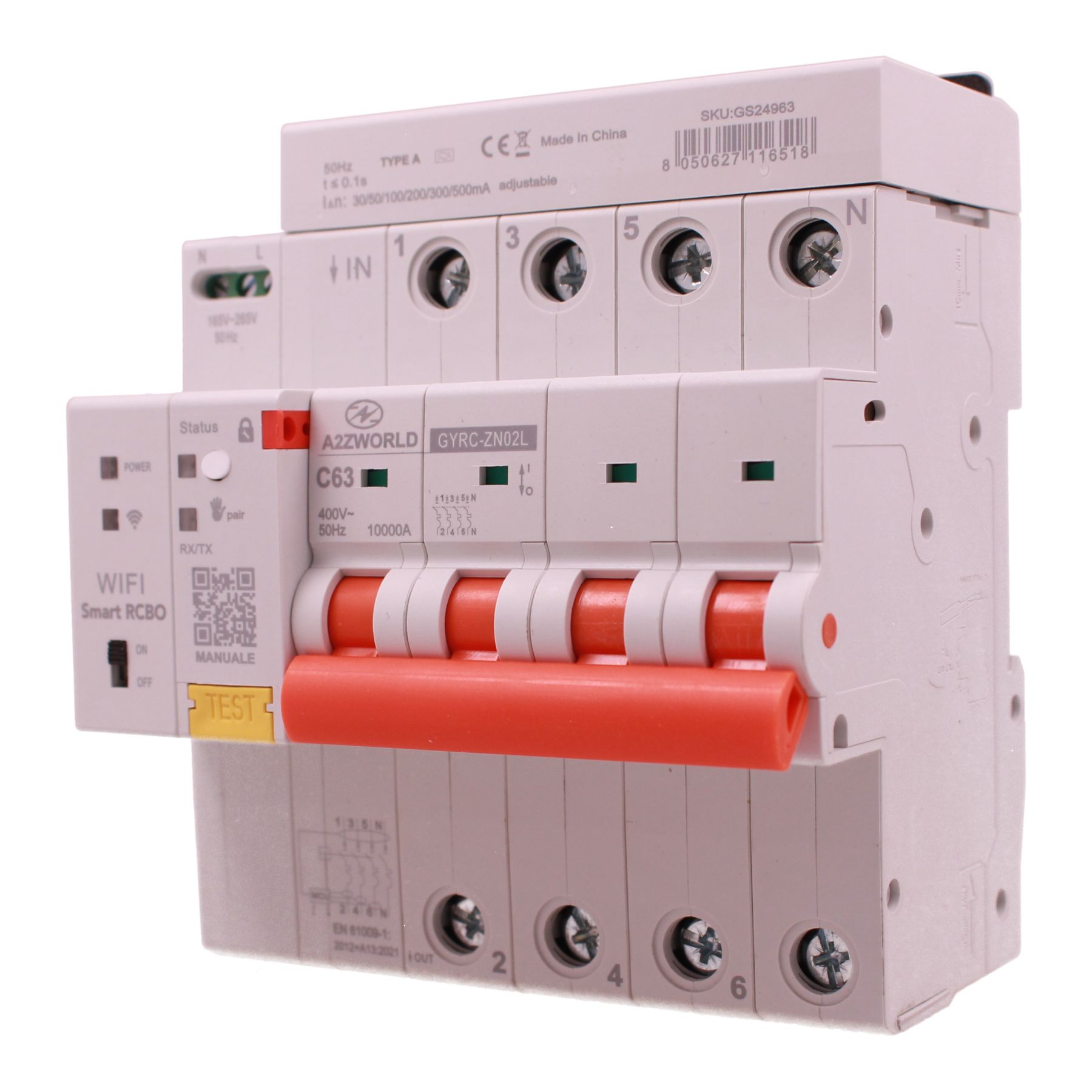 Interruttore Differenziale Magnetotermico Connesso, RCBO WiFi 3P+N con Riarmo Automatico e Display, Tipo A Curva C 30-500mA Regolabile Icu 10kA, 380V 6M, App Tuya con Misure: Corrente Residua, Intensità, Potenza, Tensione, Temperatura, Consumo GYRC-ZN02L (63A) - immagine 4