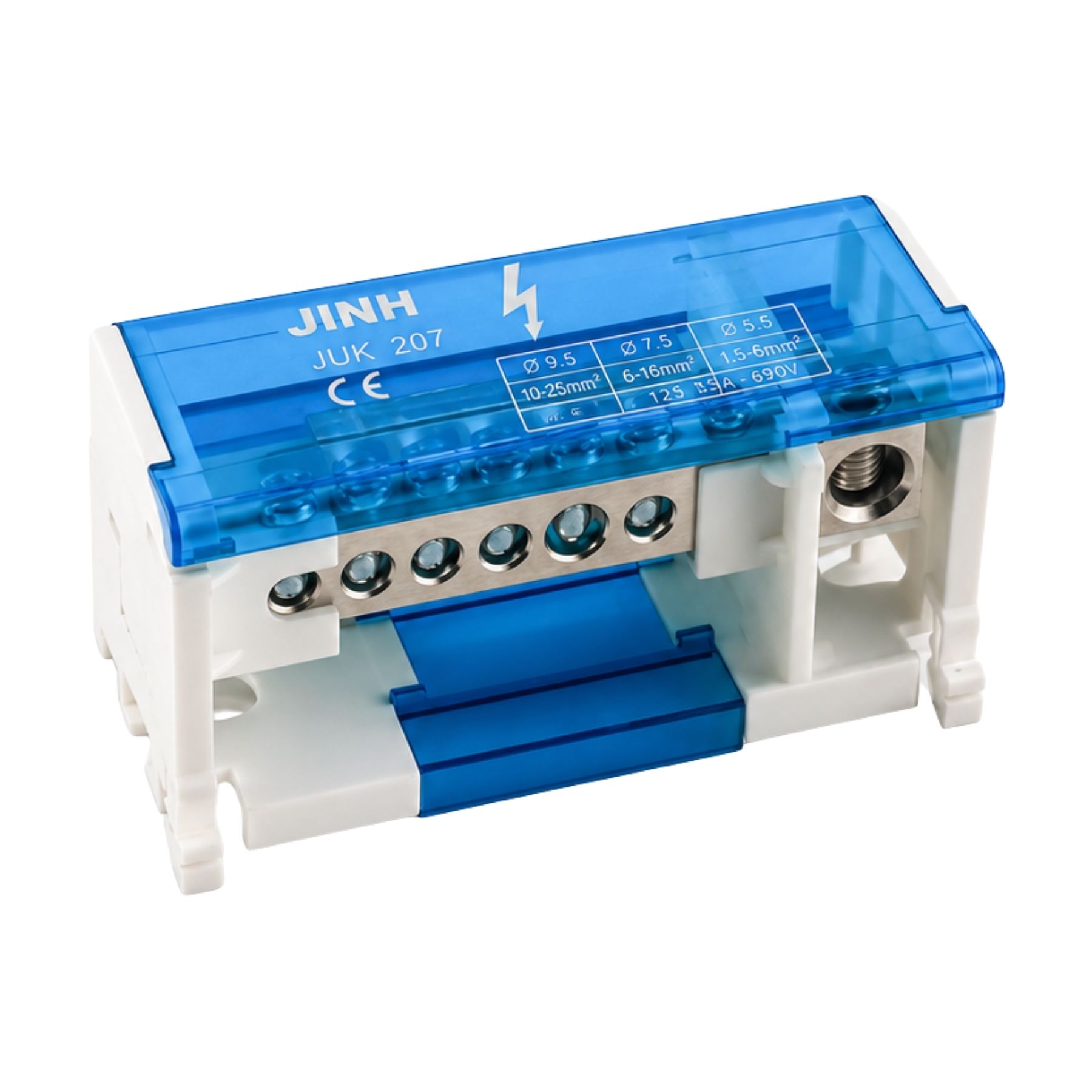 Morsettiera Ripartitore Bipolare, Box Di Connessione 2 Barre, 125A 690V, Scatola Di Distribuzione Per Quadro Elettrico, Ottone Nichelato, Coperchio Trasparente, PA Nylon UL94V0 (7 Vie)