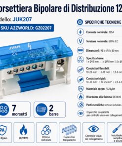 Morsettiera Ripartitore Bipolare, Box Di Connessione 2 Barre, 125A 690V, Scatola Di Distribuzione Per Quadro Elettrico, Ottone Nichelato, Coperchio Trasparente, PA Nylon UL94V0 (7 Vie) - immagine 2